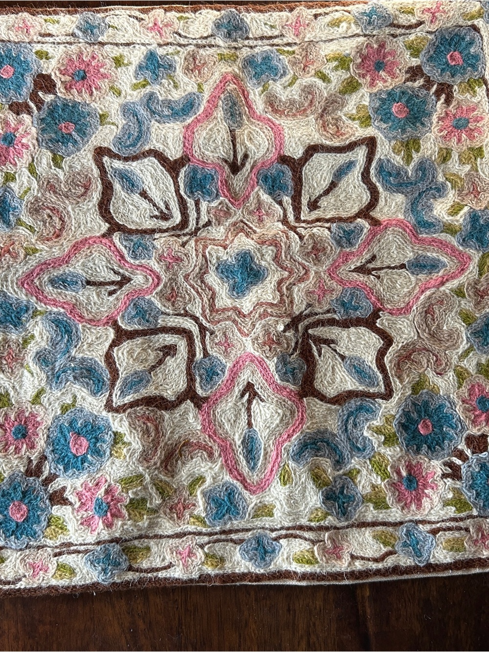 Hand Embroidered Kashmiri Chain Stitch Floral Pillow Cover 16x16